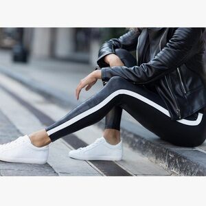 Spanx Faux Leather Leggings with stripe, size medium EUC